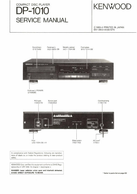 KENWOOD DP-1010 CD PLAYER SERVICE MANUAL INC SCHEMS 65 PAGES ENG