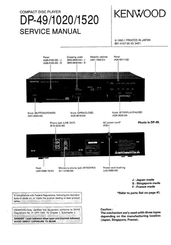 KENWOOD DP-49 DP-1020 DP-1520 CD PLAYER SERVICE MANUAL INC SCHEMATIC DIAGRAMS 47 PAGES ENG