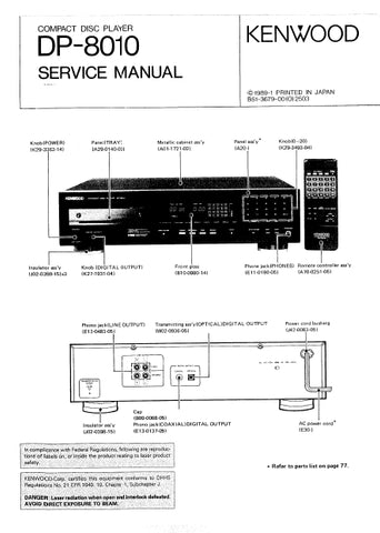 KENWOOD DP-8010 CD PLAYER SERVICE MANUAL INC SCHEMS 78 PAGES ENG