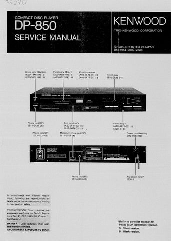 KENWOOD DP-850 CD PLAYER SERVICE MANUAL INC SCHEMATIC DIAGRAMS 24 PAGES ENG