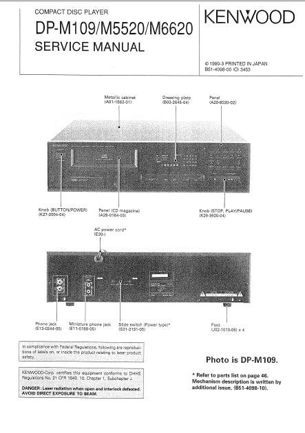 KENWOOD DP-M109 DP-M5520 DP-M6620 CD PLAYER SERVICE MANUAL INC SCHEMS 28 PAGES ENG
