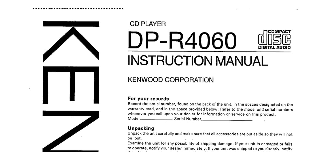 KENWOOD DP-R4060 CD PLAYER SERVICE MANUAL INC SCHEMATIC DIAGRAMS 20 PAGES ENG