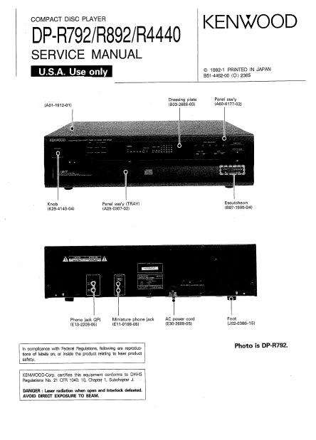 KENWOOD DP-R792 DP-R892 DP-R4440 CD PLAYER SERVICE MANUAL INC SCHEMS 26 PAGES ENG