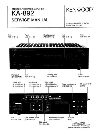 KENWOOD KA-892 STEREO INTEGRATED AMPLIFIER SERVICE MANUAL INC SCHEMS 24 PAGES ENG