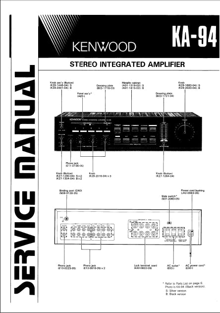 KENWOOD KA-94 STEREO INTEGRATED AMPLIFIER SERVICE MANUAL INC SCHEMS 14 PAGES ENG