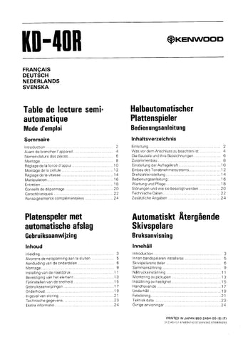 KENWOOD KD-40R TABLE DE LECTURE SEMI AUTOMATIQUE MODE D 'EMPLOI BEDIENUNGSANLEITUNG GEBRUIKSAANWIJZING BRUKSANVISNING 24 PAGES FRANC DEUT NL SW