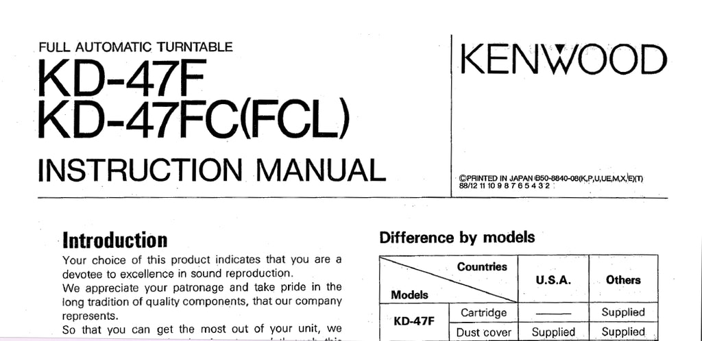 KENWOOD KD-47F  KD-47FC (FCL) FULL AUTOMATIC TURNTABLE INSTRUCTION MANUAL 11 PAGES ENG