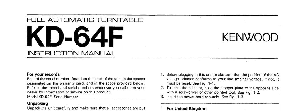 KENWOOD KD-64F FULL AUTOMATIC TURNTABLE INSTRUCTION MANUAL 6 PAGES ENG