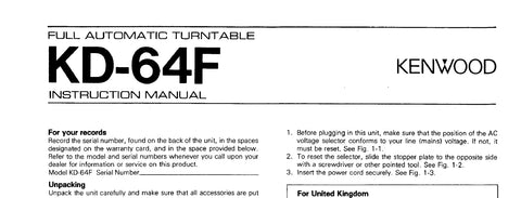 KENWOOD KD-64F FULL AUTOMATIC TURNTABLE INSTRUCTION MANUAL 6 PAGES ENG