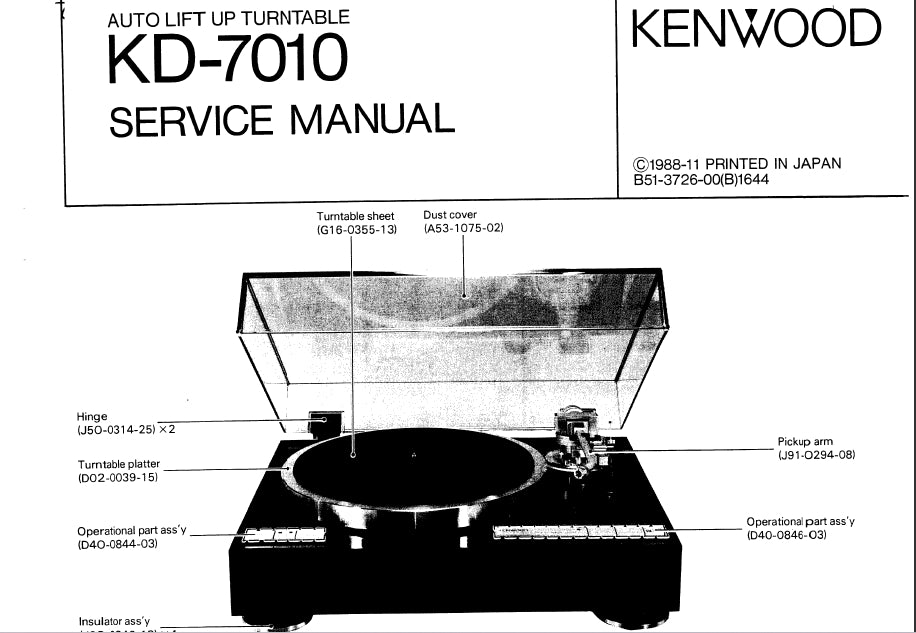 KENWOOD KD-7010 AUTO LIFT UP TURNTABLE SERVICE MANUAL INC SCHEMATIC DIAGRAMS 14 PAGES ENG