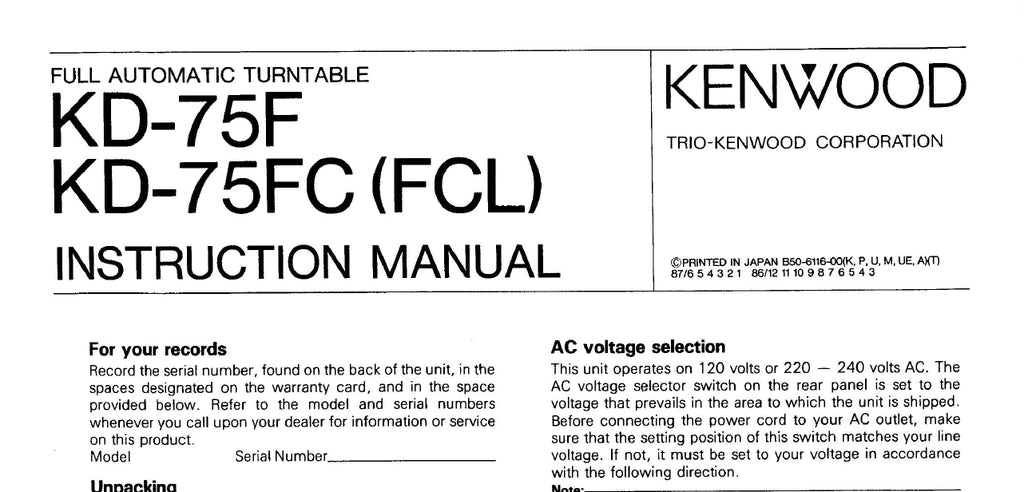 KENWOOD KD-75F  KD-75FC (FCL) FULL AUTOMATIC TURNTABLE INSTRUCTION MANUAL 8 PAGES ENG