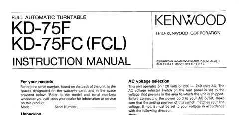 KENWOOD KD-75F  KD-75FC (FCL) FULL AUTOMATIC TURNTABLE INSTRUCTION MANUAL 8 PAGES ENG