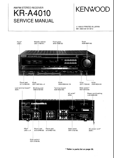 KENWOOD KR-A4010 AM FM STEREO RECEIVER SERVICE MANUAL INC SCHEMATIC DIAGRAMS 36 PAGES ENG