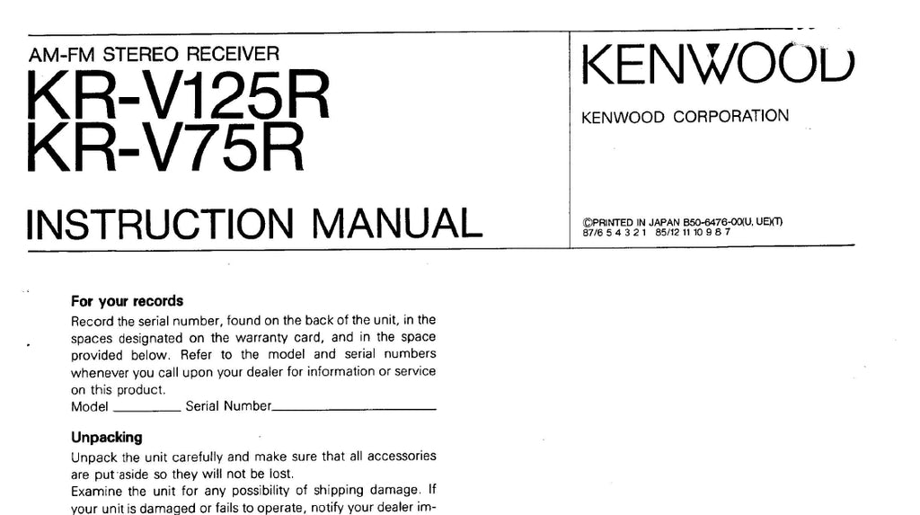 KENWOOD KR-V125R KR-V75R AM FM STEREO RECEIVER INSTRUCTION MANUAL 15 PAGES ENG