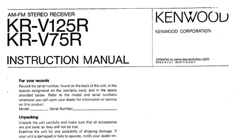 KENWOOD KR-V125R KR-V75R AM FM STEREO RECEIVER INSTRUCTION MANUAL 15 PAGES ENG