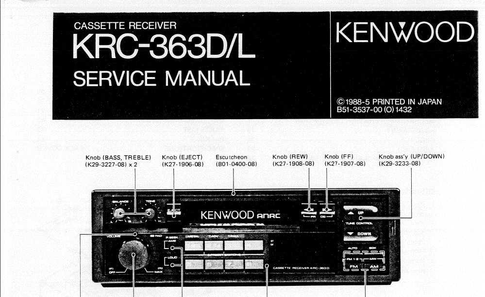 KENWOOD KRC-363D KRC-363L CASSETTE RECEIVER SERVICE MANUAL INC SCHEMATIC DIAGRAMS 44 PAGES ENG