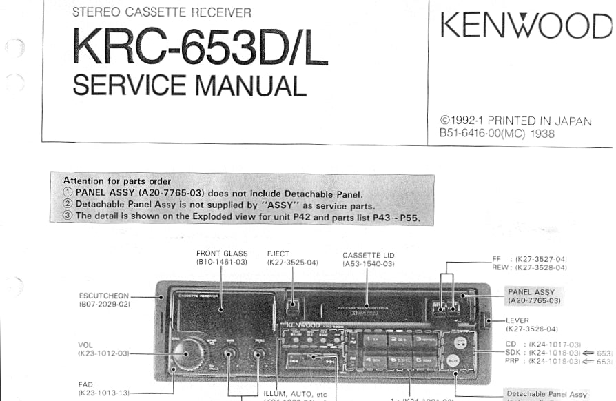 KENWOOD KRC-653D KRC-653L STEREO CASSETTE RECEIVER SERVICE MANUAL INC SCHEMATIC DIAGRAMS 51 PAGES ENG