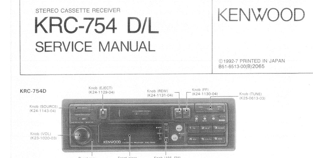 KENWOOD KRC-754D KRC-754L STEREO CASSETTE RECEIVER SERVICE MANUAL INC SCHEMATIC DIAGRAMS 53 PAGES ENG