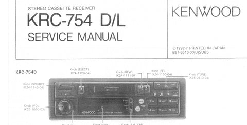 KENWOOD KRC-754D KRC-754L STEREO CASSETTE RECEIVER SERVICE MANUAL INC SCHEMATIC DIAGRAMS 53 PAGES ENG