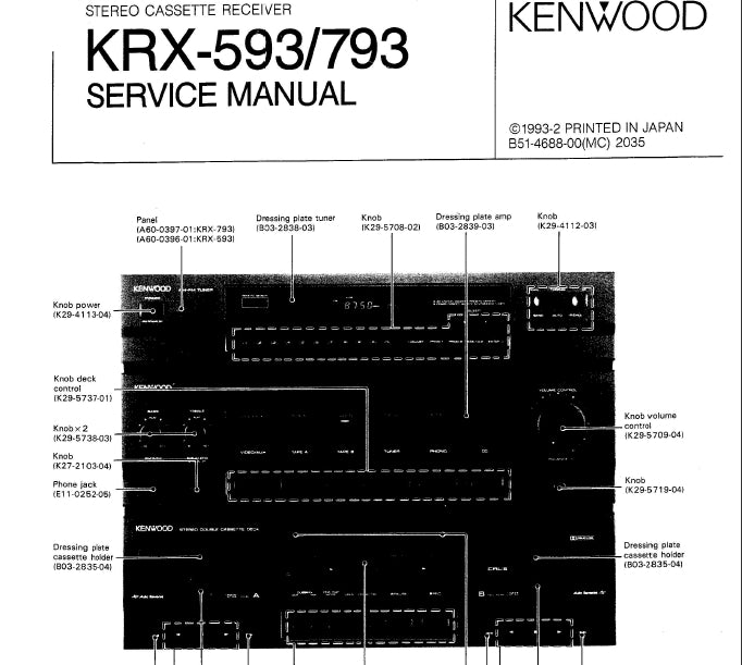 KENWOOD KRX-593 KRX-793 STEREO CASSETTE RECEIVER SERVICE MANUAL INC SCHEMS 48 PAGES ENG