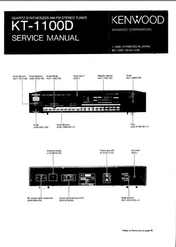 KENWOOD KT-1100D QUARTZ SYNTHESIZER AM FM STEREO TUNER SERVICE MANUAL INC SCHEMATIC DIAGRAMS 36 PAGES ENG