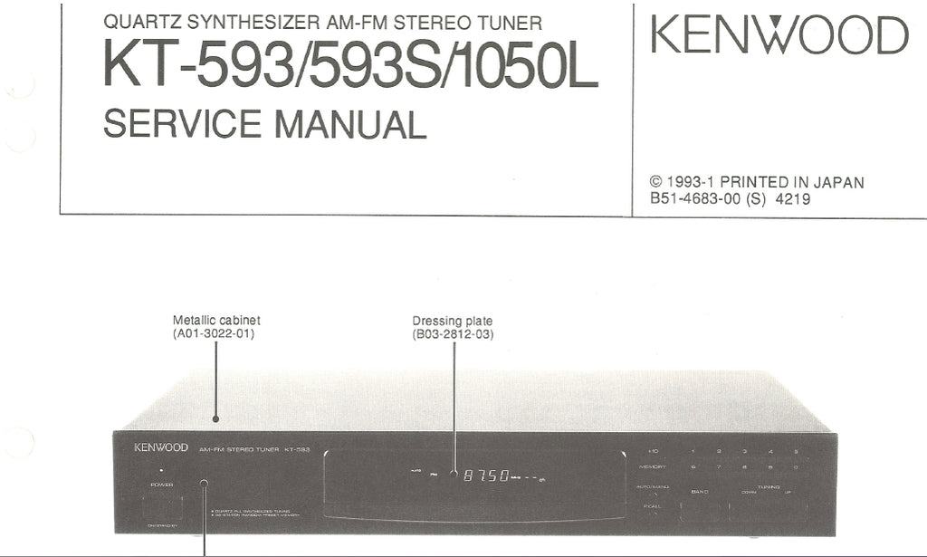 KENWOOD KT-593 KT-593S KT-1050L QUARTZ SYNTHESIZER AM FM STEREO TUNER SERVICE MANUAL INC SCHEMS 37 PAGES ENG