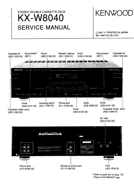 KENWOOD KX-W8040 STEREO DOUBLE CASSETTE DECK SERVICE MANUAL INC SCHEMS 28 PAGES ENG