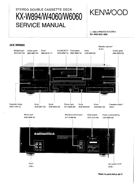 KENWOOD KX-W894 KX-W4060 KX-W6060 STEREO DOUBLE CASSETTE TAPE DECK SERVICE MANUAL INC SCHEMATIC DIAGRAMS 21 PAGES ENG