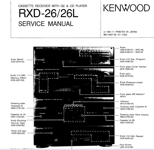 KENWOOD RXD-26 RXD-26L CASSETTE RECEIVER WITH GE AND CD PLAYER SERVICE MANUAL INC SCHEMATIC DIAGRAMS 59 PAGES ENG