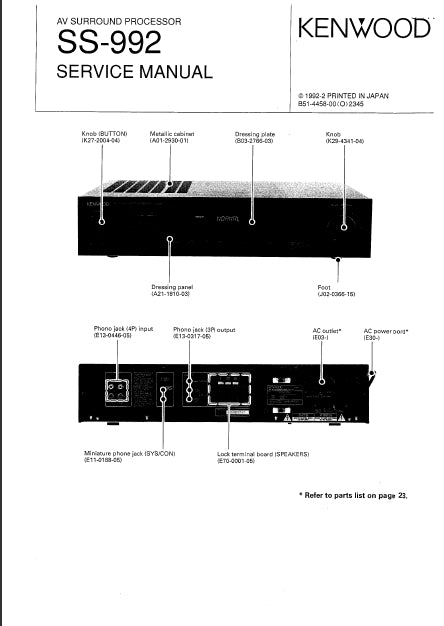 KENWOOD SS-992 AV SURROUND RECEIVER SERVICE MANUAL INC SCHEM DIAGS 22 PAGES ENG