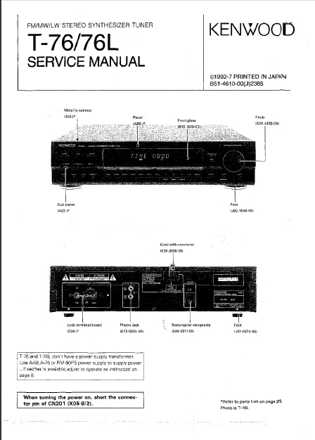 KENWOOD T-76 T-76L FM MW LW STEREO SYNTHESIZER TUNER SERVICE MANUAL INC SCHEMS 22 PAGES ENG