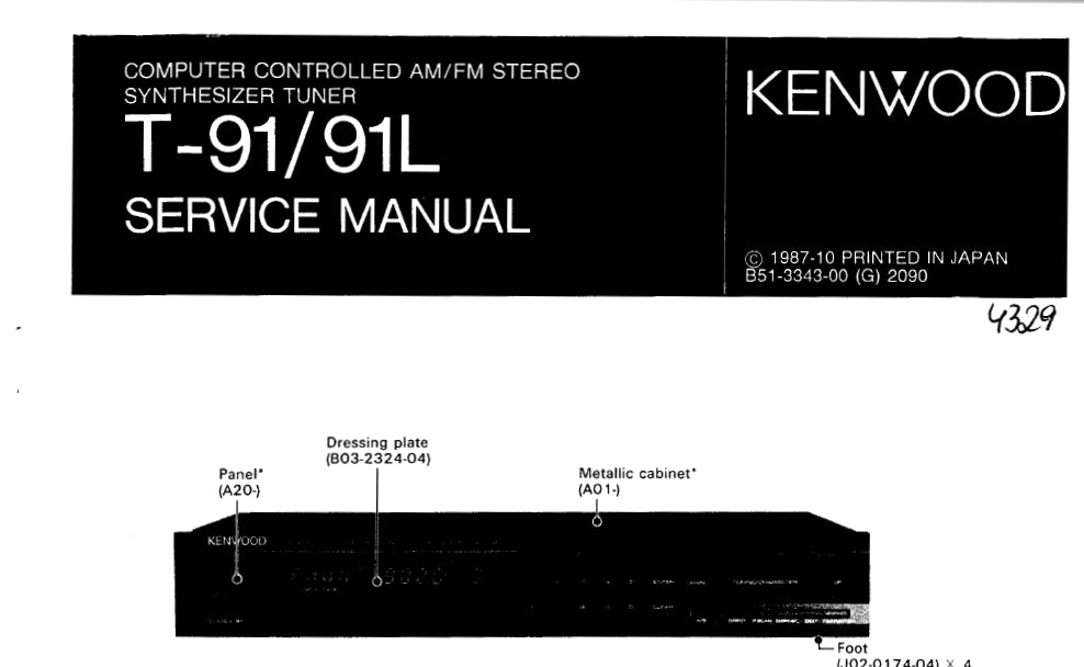 KENWOOD T-91 T-91L COMPUETER CONTROLLED AM FM STEREO SYNTHESIZER TUNER SERVICE MANUAL INC SCHEMS 43 PAGES ENG