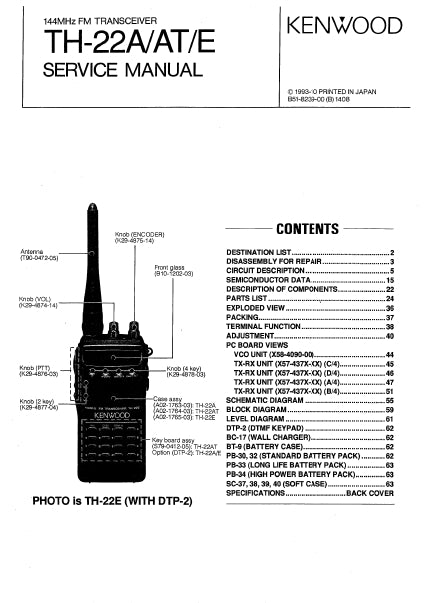 KENWOOD TH-22A TH-22AT TH-22E 144MHz FM TRANSCEIVER SERVICE MANUAL INC SCHEMS 58 PAGES ENG