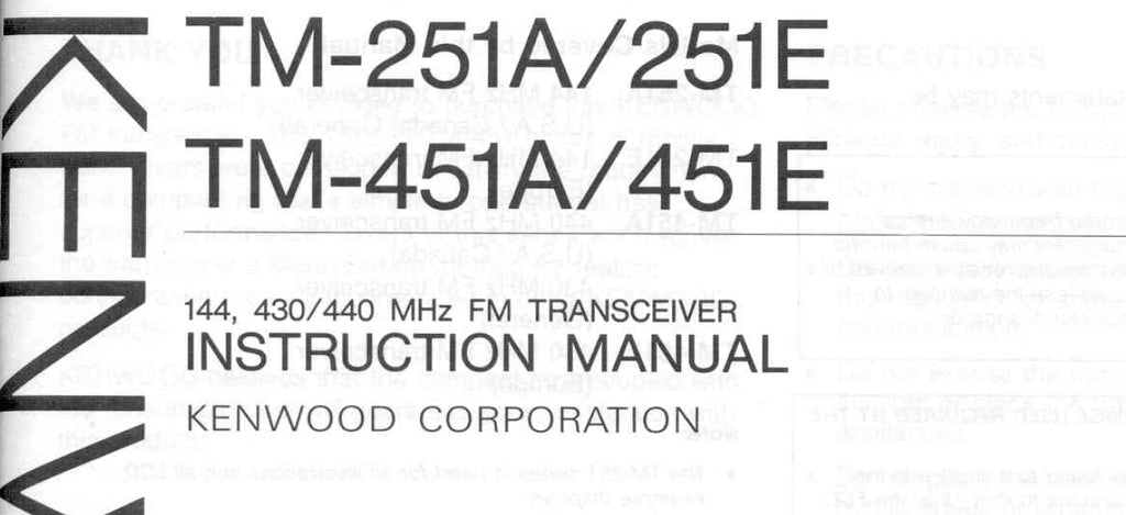 KENWOOD TM-251A TM-251E TM-451A TM-451E FM TRANSCEIVER INSTRUCTION MANUAL 130 PAGES ENG