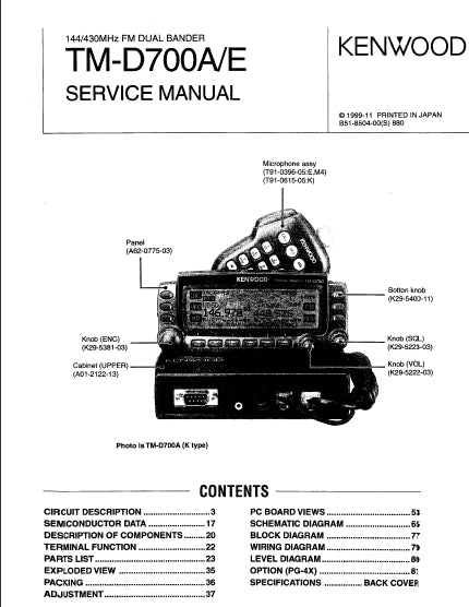 KENWOOD TM-D700A TM-D700E A44/430MHz FM DUAL BANDER SERVICE MANUAL INC SCHEMS 68 PAGES ENG