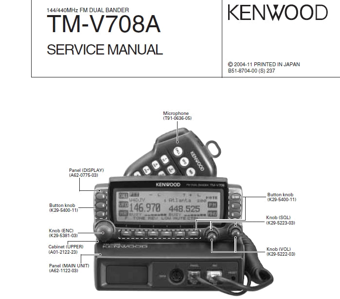 KENWOOD TM-V708A 144/440MHz FM DUAL BANDER SERVICE MANUAL INC SCHEMATIC DIAGRAMS 59 PAGES ENG