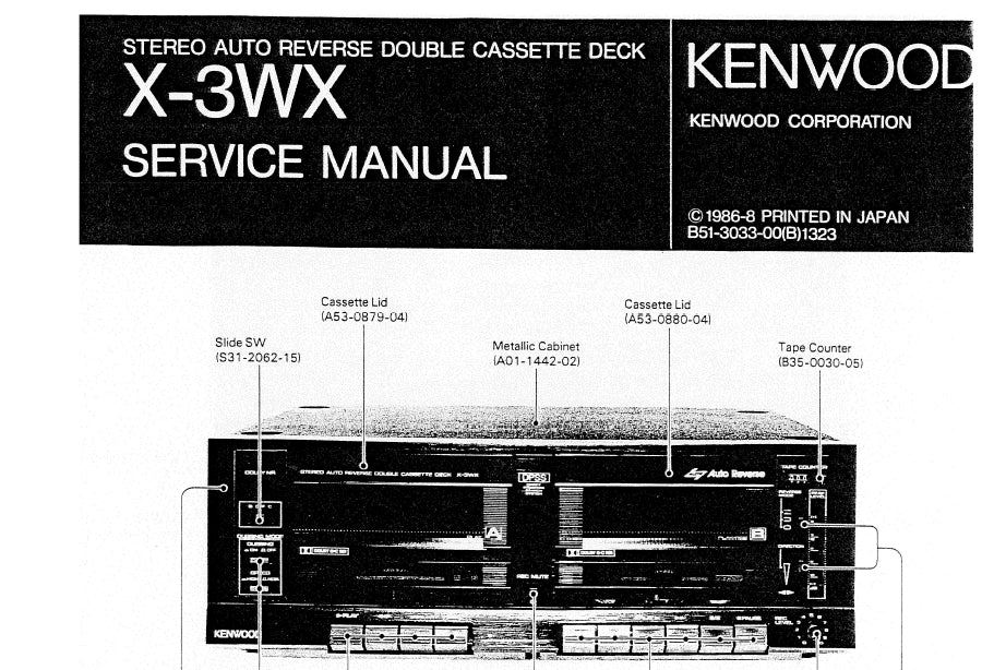 KENWOOD X-3WX STEREO AUTO REVERSE DOUBLE CASSETTE DECK SERVICE MANUAL INC SCHEMATIC DIAGRAMS 26 PAGES ENG