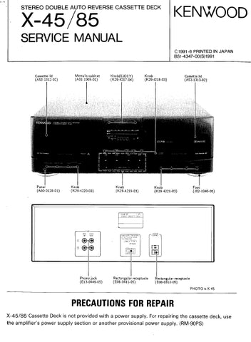 KENWOOD X-45 X-85 STEREO DOUBLE AUTO REVERSE CASSETTE DECK SERVICE MANUAL INC SCHEMATIC DIAGRAMS 45 PAGES ENG