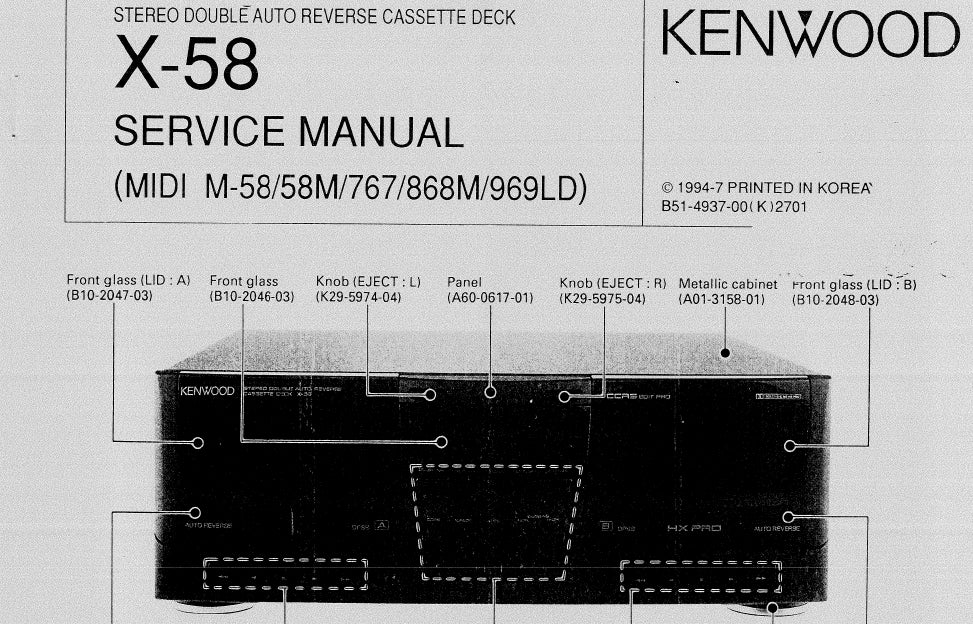 KENWOOD X-58 STEREO DOUBLE AUTO REVERSE CASSETTE DECK SERVICE MANUAL INC SCHEMATIC DIAGRAMS 21 PAGES ENG