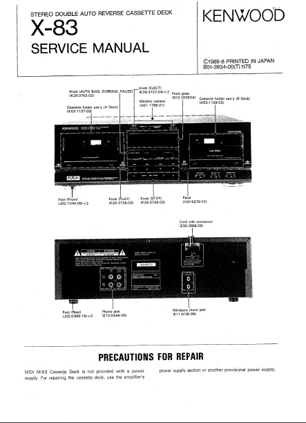 KENWOOD X-83 STEREO DOUBLE AUTO REVERSE CASSETTE DECK SERVICE MANUAL INC SCHEMATIC DIAGRAMS 64 PAGES ENG