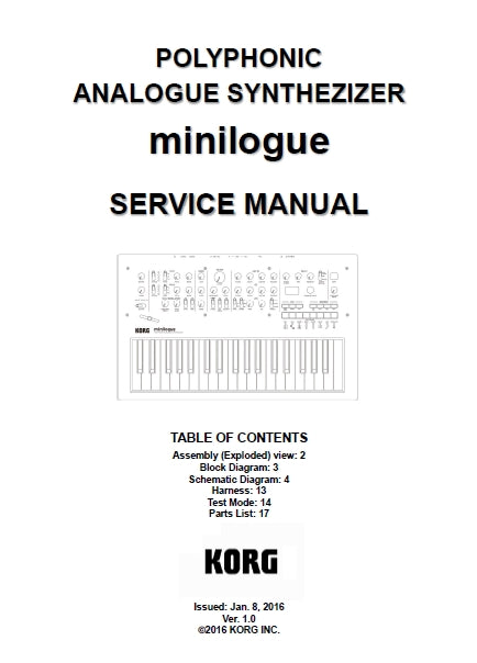 KORG MINILOGUE POLYPHONIC ANALOGUE SYNTHESIZER SERVICE MANUAL INC SCHEM DIAGS 17 PAGES ENG