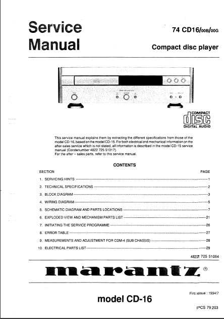 MARANTZ CD-16 CD PLAYER SERVICE MANUAL INC SCHEMATIC DIAGRAMS 61 PAGES ENG