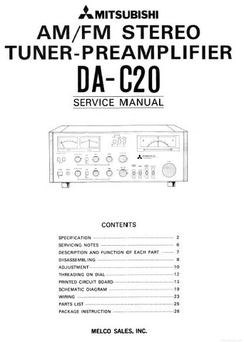 MITSUBISHI DA-C20 AM FM STEREO TUNER PREAMPLIFIER SERVICE MANUAL 21 PAGES ENG