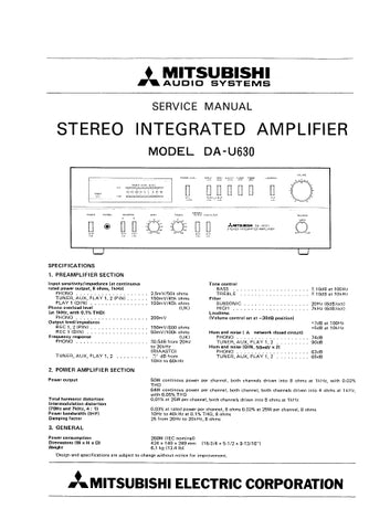 MITSUBISHI DA-U630 STEREO INTEGRATED AMPLIFIER SERVICE MANUAL INC  SCHEM DIAGS 10 PAGES ENG