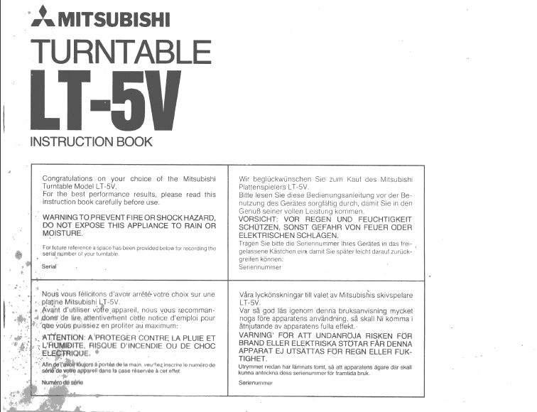 MITSUBISHI LT-5V LINEAR TRACKING TURNTABLE INSTRUCTION BOOK  36 PAGES ENG DEUT FRANC SW