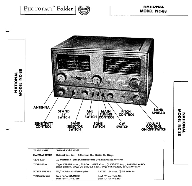 NATIONAL NC-88 4 BAND SUPERHETERODYNE COMMUNICATIONS RECEIVER SERVICE MANUAL INC SCHEM DIAGS 8 PAGES ENG