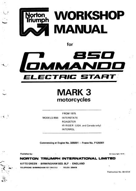 NORTON COMMANDO 850 MK III MOTORCYCLE 1975 WORKSHOP MANUAL 180 PAGES ENG
