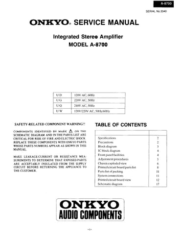 ONKYO A-8700 INTEGRATED STEREO AMPLIFIER SERVICE MANUAL INC SCHEM DIAGS 12 PAGES ENG
