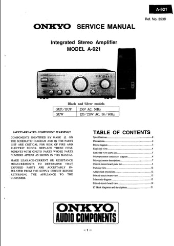ONKYO A-921 INTEGRATED STEREO AMPLIFIER SERVICE MANUAL INC  SCHEM DIAGS 16 PAGES ENG