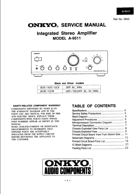 ONKYO A-9511 INTEGRATED STEREO AMPLIFIER SERVICE MANUAL INC SCHEM DIAGS 16 PAGES ENG